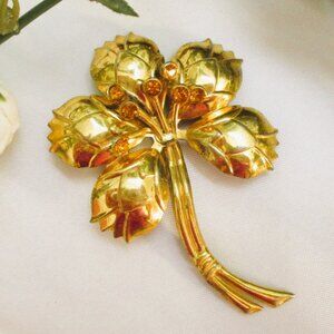 Art Deco STERLING VERMEIL Rhinestone Flower Brooch: 1940s Floral Statement Pin